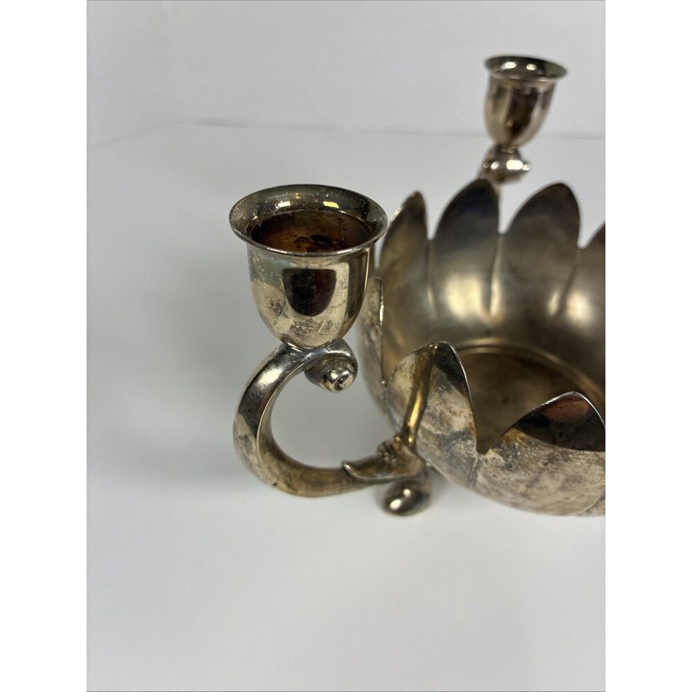 Vintage Silver Plated Lotus Flower Bowl 3-Candle Holder - Picture 2 of 7